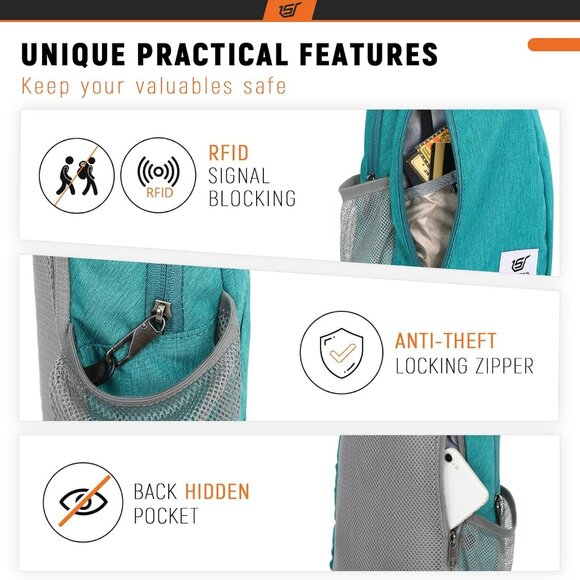 Cyan RFID Crossbody Sling Backpack with 5 Pockets, Water-Resistant Polyester, 15 - Picture 3 of 6